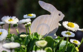 Osterhase aus Holz als Dekoration in einem Blumentopf.