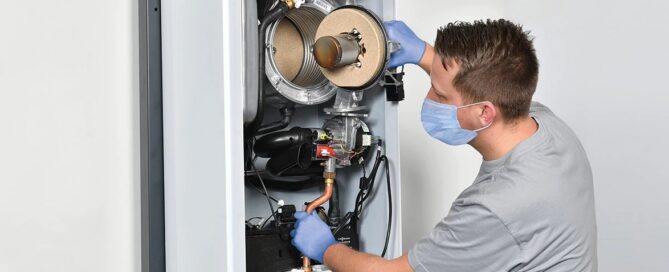 Ein Mechaniker wartet eine Heizungsanlage.