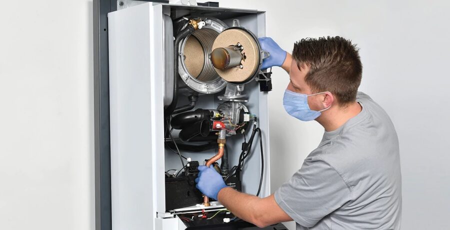 Ein Mechaniker wartet eine Heizungsanlage.