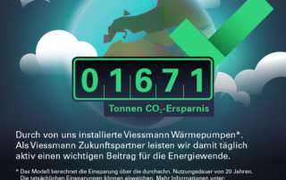 Als VIESSMANN Zukunftspartner haben wir bereits mit den von uns eingebauten Wärmepumpen 1671 Tonnen CO2 eingespart! (Stand Mai 2023)