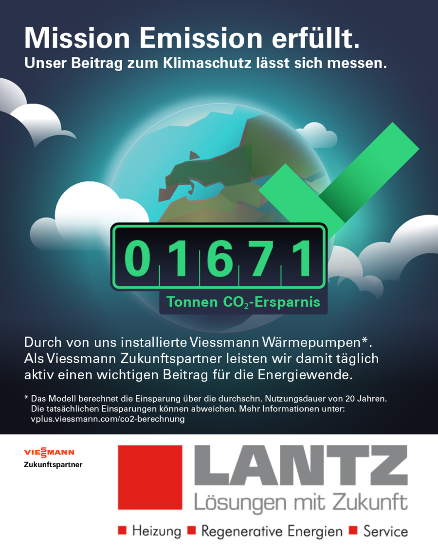 Als VIESSMANN Zukunftspartner haben wir bereits mit den von uns eingebauten Wärmepumpen 1671 Tonnen CO2 eingespart! (Stand Mai 2023)