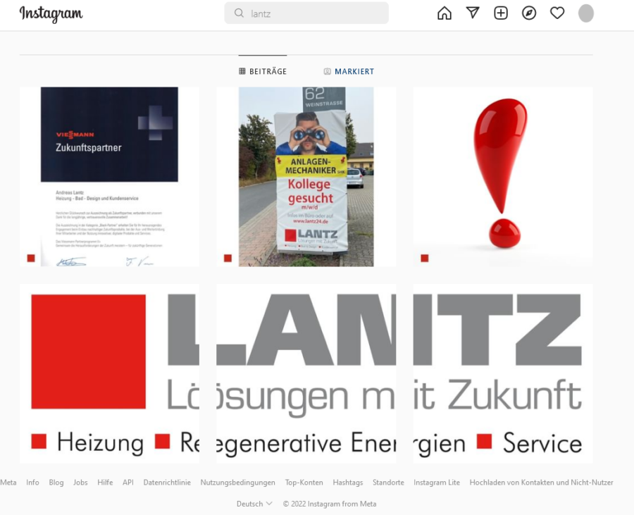 Screenshot des Instagram-Profil der Firma Andreas Lantz.