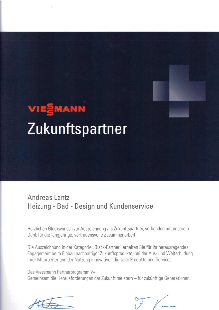 Screenshot einer Urkunde der Firma Andreas Lantz als Viessmann Zukunftspartner.